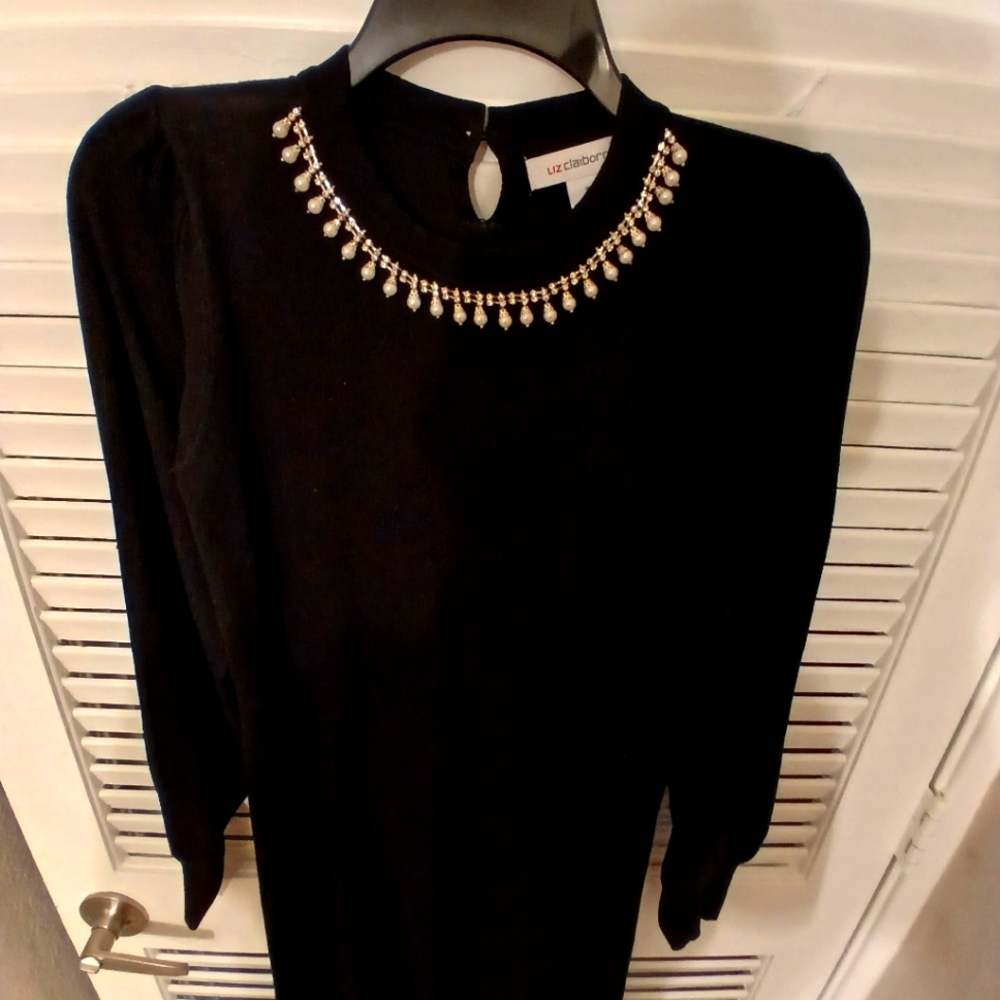 Black Sheath Dress with Puff Sleeves and Mock Neck for Cocktail